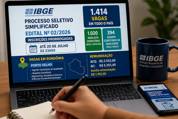 IBGE prorroga inscri&ccedil;&otilde;es de sele&ccedil;&atilde;o com 1.414 vagas no pa&iacute;s e oportunidades para Rond&ocirc;nia