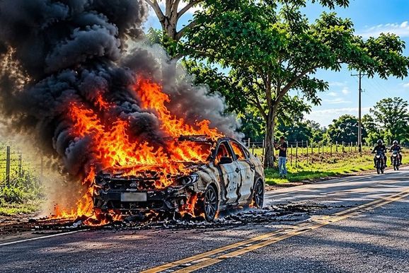 Inc&ecirc;ndio destr&oacute;i ve&iacute;culo rec&eacute;m-comprado na rodovia RO-481 em S&atilde;o Miguel do Guapor&eacute;
