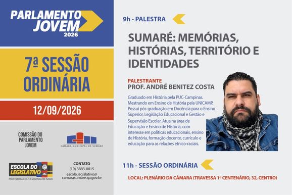 Parlamento Jovem promove palestra sobre mem&oacute;ria e hist&oacute;ria de Sumar&eacute; neste s&aacute;bado