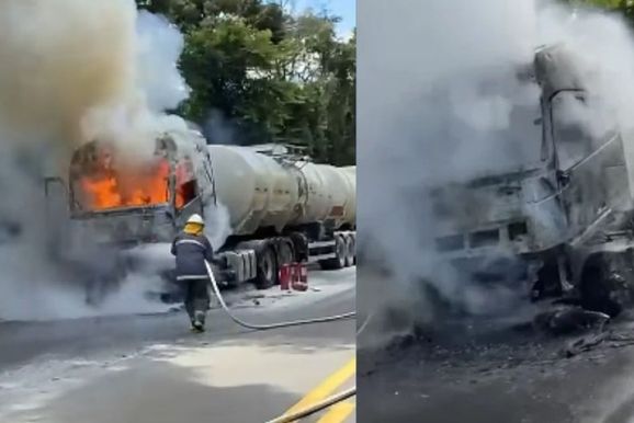Inc&ecirc;ndio atinge caminh&atilde;o na BR-476 em Paulo Frontin