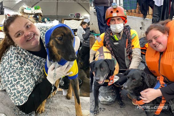 Na primeira foto Luisa est&aacute; com um c&atilde;o resgatado e na segunda, com  a dupla de c&atilde;es de resgate que ajudaram tamb&eacute;m em Brumadinho 