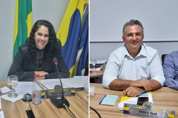 Os vereadores Fabricia Caldeira e Vanderlei Barufi, autores da proposta, na &uacute;ltima sess&atilde;o da C&acirc;mara