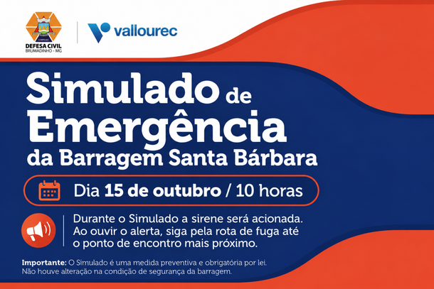 Brumadinho ter&aacute; simulado de emerg&ecirc;ncia da Barragem Santa B&aacute;rbara no dia 15 de outubro
