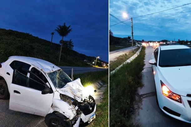 Colis&atilde;o entre dois carros termina em capotamento e deixa jovem ferido na BR-470