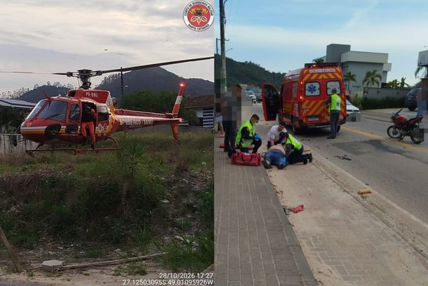 Homem fica gravemente ferido ap&oacute;s colis&atilde;o entre caminh&atilde;o e moto, em Guabiruba