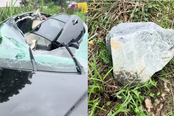 Pedra de 50 quilos despenca de caminh&atilde;o, atinge carro e deixa mulher gravemente ferida
