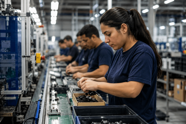 Profissionais atuando como auxiliar de linha de produ&ccedil;&atilde;o