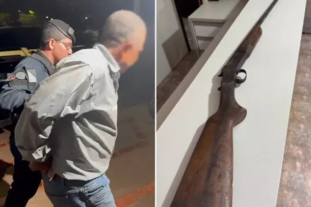 Suspeito sendo preso e arma apreendida na propriedade rural (Foto: Jornal da Nova)