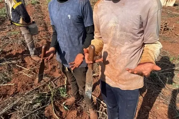 Trabalhadores resgatados no ano passado de fazenda em Itaquira&iacute; (Foto: Divulga&ccedil;&atilde;o/MPT)