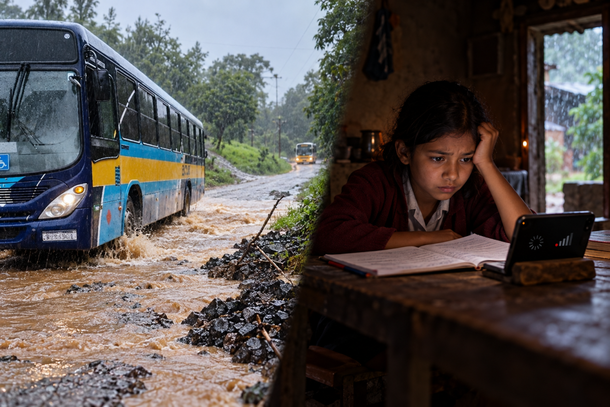 Foto: Montagem ilustrativa. &Agrave; esquerda, imagem original de um &ocirc;nibus escolar em uma estrada do interior de Canoinhas. &Agrave; direita, imagem produzida por intelig&ecirc;ncia artificial, representando as dificuldades enfrentadas por estudantes da zona rural para acompanhar aulas remotas.