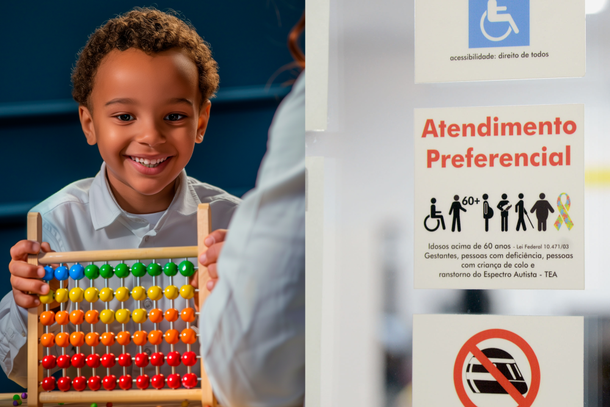 Crian&ccedil;a autista e placa de atendimentos priorit&aacute;rios