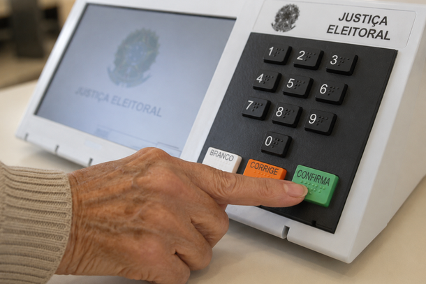 Idoso votando na urna eletr&ocirc;nica 