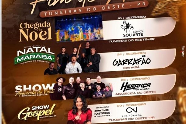 Dezembro chegou com uma programa&ccedil;&atilde;o especial em Tuneiras do Oeste! Shows, cultura, f&eacute; e momentos em fam&iacute;lia marcam as festividades de fim de ano na cidade e nos distritos. Confira o carrossel e participe!