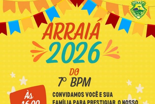 O 7&ordm; BPM convida voc&ecirc; e sua fam&iacute;lia para o Arrai&aacute; 2026!  Ser&aacute; no dia 4 de julho, &agrave;s 16h, em Cruzeiro do Oeste, com comidas t&iacute;picas, quadrilha, apresenta&ccedil;&otilde;es, brinquedos infantis e muito mais. Entrada solid&aacute;ria: 1 litro de leite para a Uopeccan.