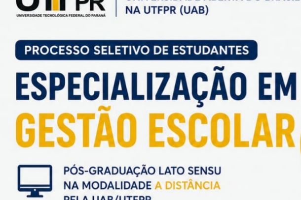 A UTFPR est&aacute; com inscri&ccedil;&otilde;es abertas para a Especializa&ccedil;&atilde;o gratuita em Gest&atilde;o Escolar na modalidade EaD. S&atilde;o 28 vagas e as inscri&ccedil;&otilde;es seguem at&eacute; 10 de agosto. N&atilde;o perca essa chance de investir no seu futuro!