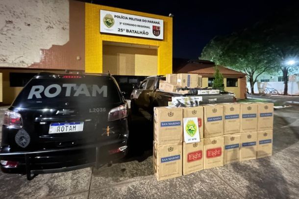 ROTAM apreendeu carga de cigarros contrabandeados, arma, caminhonete e equipamentos durante a&ccedil;&atilde;o em Brasil&acirc;ndia do Sul; suspeito conseguiu fugir e segue sendo procurado.