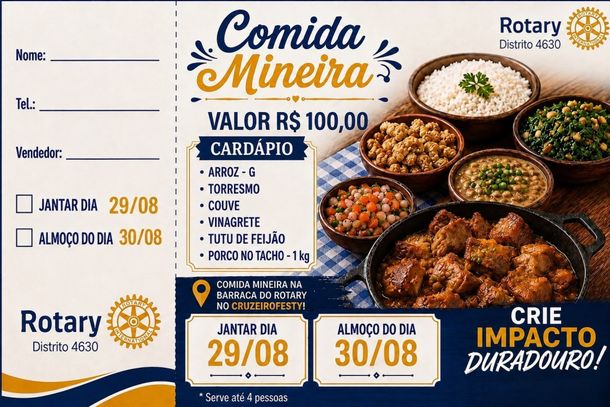 Comida Mineira ser&aacute; servida na barraca do Rotary durante o CruzeiroFest, nos dias 29 e 30 de agosto. O card&aacute;pio serve at&eacute; quatro pessoas.
