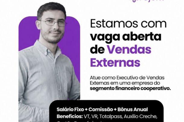 Vaga para Executivo de Vendas Externas est&aacute; aberta em Cruzeiro do Oeste; interessados podem enviar curr&iacute;culo pelo WhatsApp (11) 99727-4232.