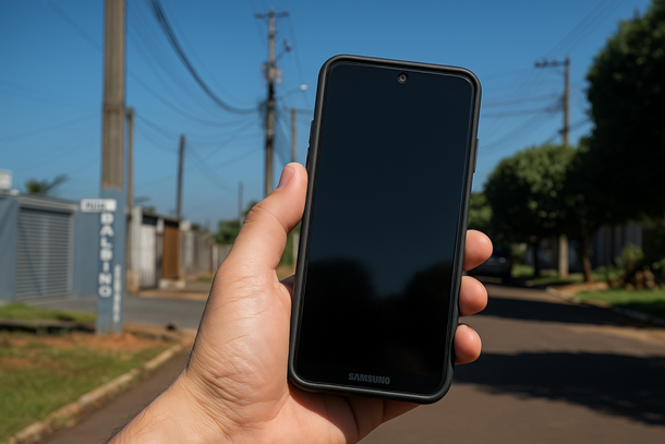 Simula&ccedil;&atilde;o do modelo do celular perdido: Samsung Galaxy A21, cor preta, com capa preta.