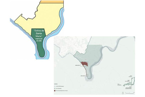 Mapa compara a &aacute;rea da concess&atilde;o prevista para o Passeio do Macuco (em vermelho) com a regi&atilde;o dos Saltos de Santa Maria (em verde).