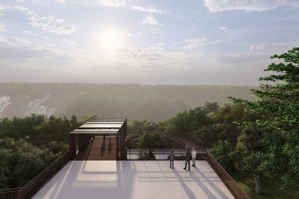 Proje&ccedil;&atilde;o mostra como ficar&aacute; o novo Espa&ccedil;o Tarob&aacute;, com mirante superior integrado &agrave; paisagem e vista para as Cataratas do Igua&ccedil;u.