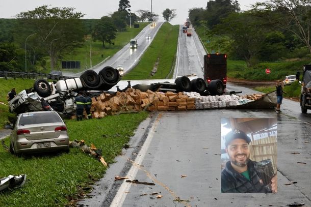 Imagem do acidente registrado por motorista que passava pelo local, no detalhe uma foto de Kleber Godoy, muito querido no meio dos motoristas de carga da regi&atilde;o de Mirassol e Rio Preto