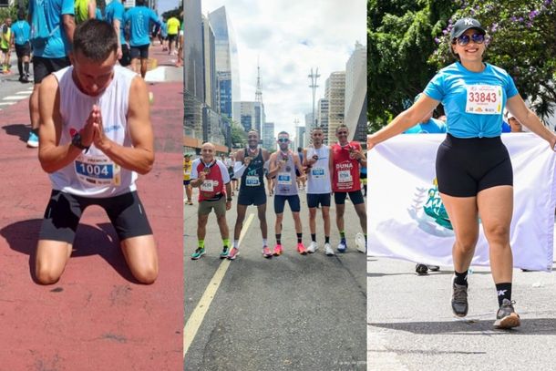 Na primeira foto Felipe agradecendo; na segunda foto Felipe (de camisa branca) e quatro atletas que competiram e; na terceira foto est&aacute; Mara Marques, de Juruaia, que participou pela 2&ordf; vez da Corrida de S&atilde;o Silvestre, em s&atilde;o Paulo.