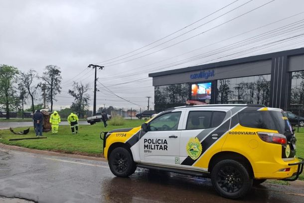  O ve&iacute;culo saiu da pista pela margem direita e capotou no canteiro.