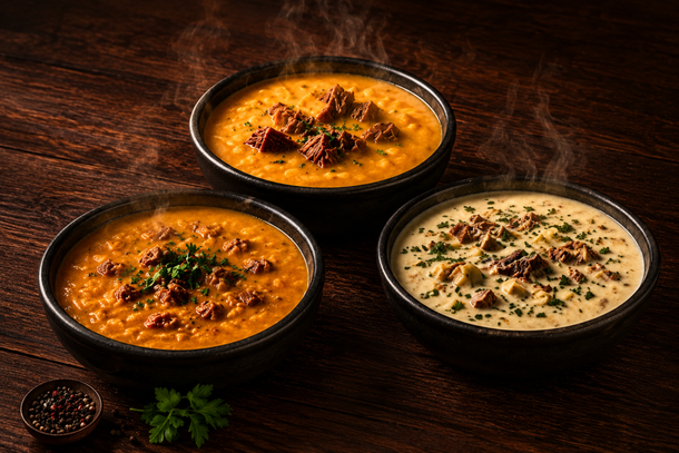 Ser&atilde;o servidos os caldos de Caboti&atilde; com carne seca, Quenga e Cupim com gorgonzola