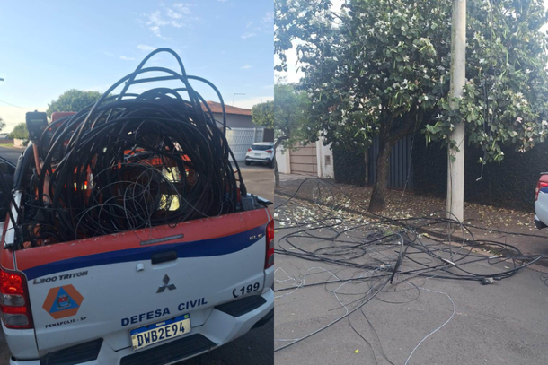 Fios e cabos fora da altura permitida foram arrancados por um caminh&atilde;o de grande porte
