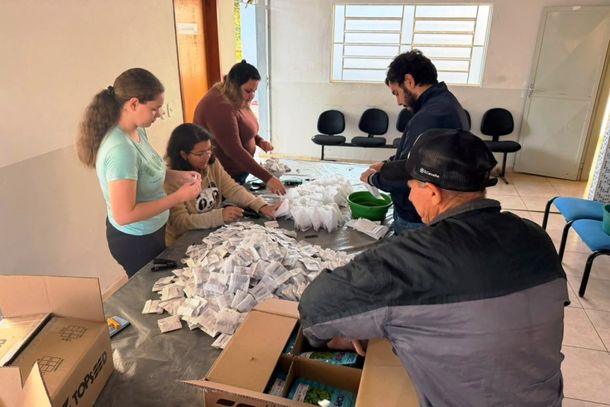 Prepara&ccedil;&atilde;o dos kits de sementes &eacute; feita pelos funcion&aacute;rios da Secretaria de Agricultura