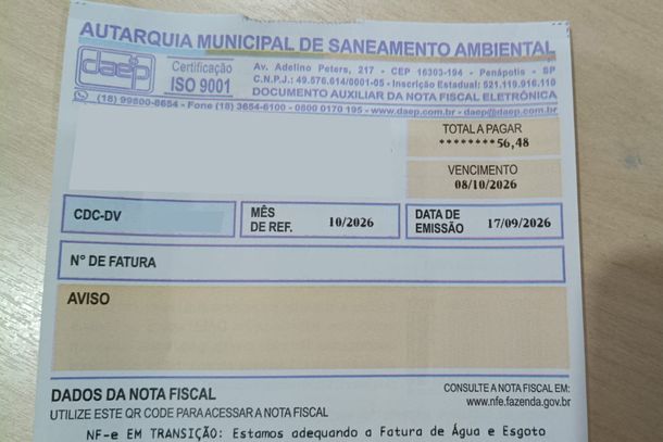 Novo modelo de fatura das contas de &aacute;gua do DAEP