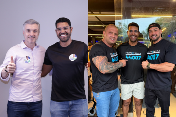 Pedro Neto com Vinicius Marchese (&agrave; esq.) e com Felipe Franco (&agrave; dir.)