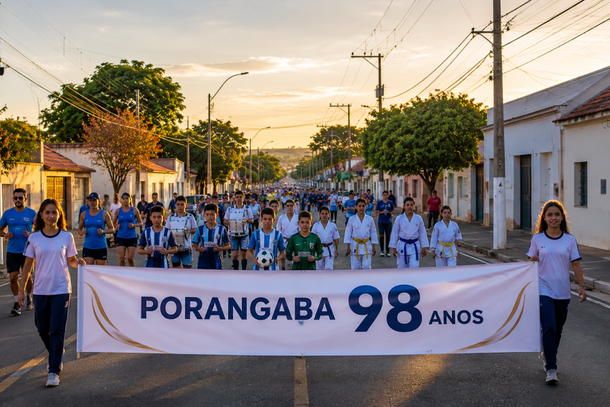 Porangaba celebra seus 98 anos com uma grande Caminhada C&iacute;vica, reunindo alunos, atletas, educadores e diversos grupos da cidade em um momento de uni&atilde;o, participa&ccedil;&atilde;o e orgulho pela hist&oacute;ria do munic&iacute;pio.