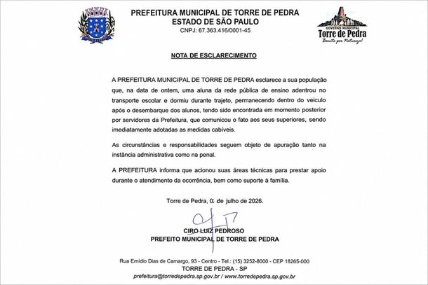 Nota oficial divulgada pela Prefeitura de Torre de Pedra informa as provid&ecirc;ncias adotadas ap&oacute;s o caso da aluna que permaneceu em um &ocirc;nibus escolar ap&oacute;s o desembarque dos demais estudantes.