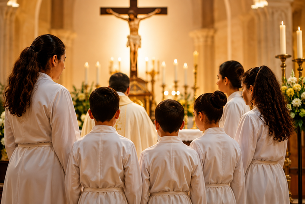 Imagem ilustrativa representa a participa&ccedil;&atilde;o de crian&ccedil;as e jovens no servi&ccedil;o ao altar e na vida da comunidade paroquial.