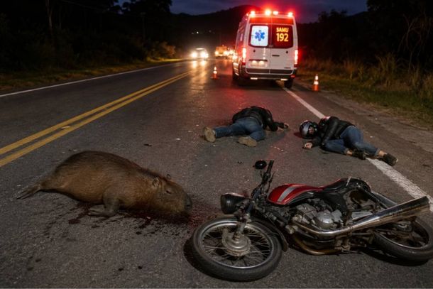 Com impacto condutor e passageira foram arremessados no asfalto (Foto gerada por IA) 