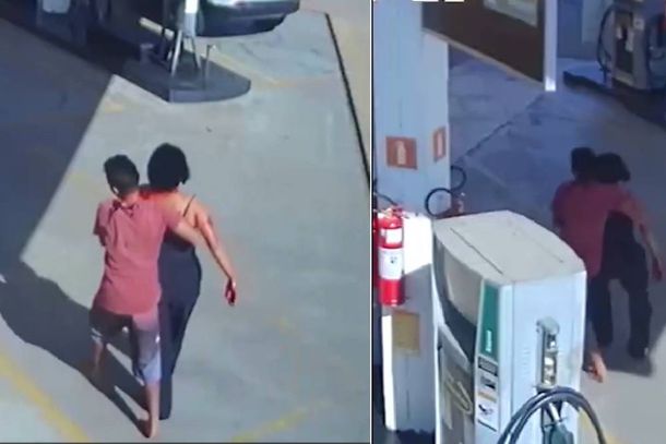 Ap&oacute;s golpeada, a mulher foi arrastada pelo criminoso pelo piso de um posto de combust&iacute;veis 