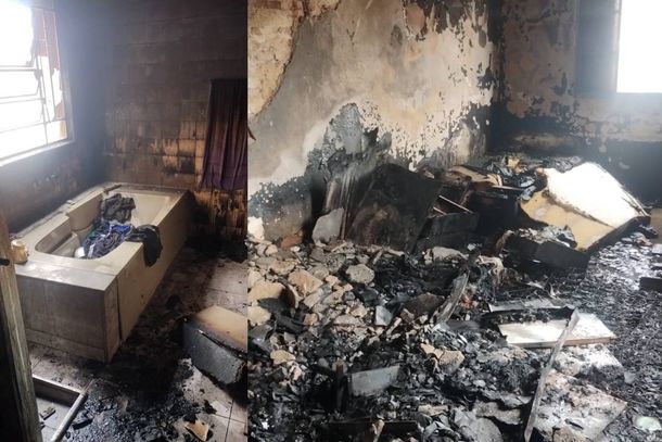 O pavimento superior do im&oacute;vel ficou em chamas e trdo no interior do quarto foi queimado 