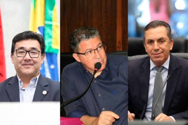 (Esq. p/ dir.) Jairo Tamura (PL), Dr. Le&ocirc;nidas (CDN) e Wilmar Reichembach (PSD).