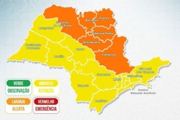 As regi&otilde;es Norte e Leste do Estado entram em condi&ccedil;&atilde;o de alerta, enquanto as demais &aacute;reas paulistas permanecem em condi&ccedil;&atilde;o de aten&ccedil;&atilde;o