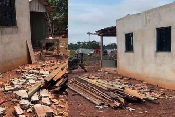 Fam&iacute;lia recebe apoio ap&oacute;s ter casa destelhada por temporal em Alvorada do Oeste