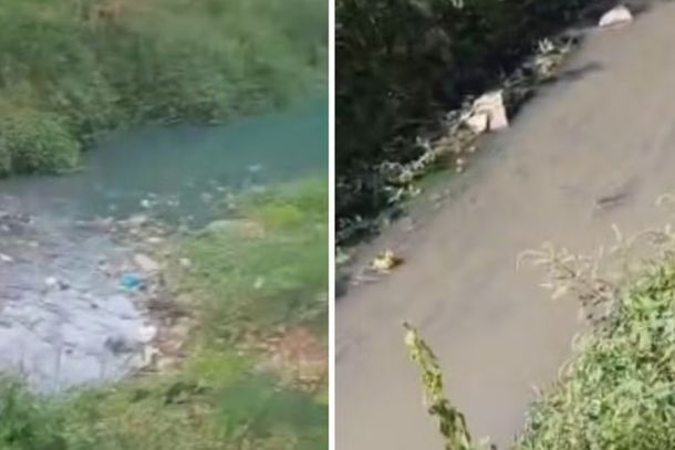 &Aacute;gua do c&oacute;rrego pr&oacute;ximo &agrave; Rua Nova, no bairro Parque Jatob&aacute;, em Sumar&eacute; (SP), com altera&ccedil;&atilde;o na cor na sexta-feira (21) e nesta segunda-feira (24)