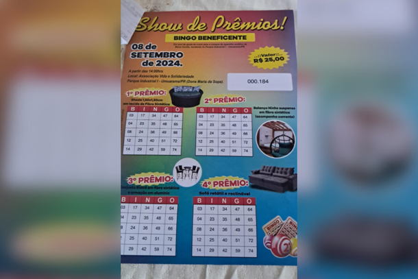 O bingo ser&aacute; realizado no dia 8 de setembro, em um domingo, a partir das 14h, na Associa&ccedil;&atilde;o Vida e Sociedade do bairro Parque Industrial