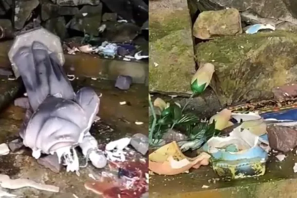 Autor utilizou uma vara para danificar as imagens durante a madrugada. Foto: Reprodu&ccedil;&atilde;o.