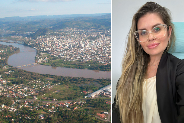 &Agrave; esquerda, vista a&eacute;rea de Uni&atilde;o da Vit&oacute;ria e Porto Uni&atilde;o; &agrave; direita, a engenheira ge&oacute;loga Jamile Sekula.