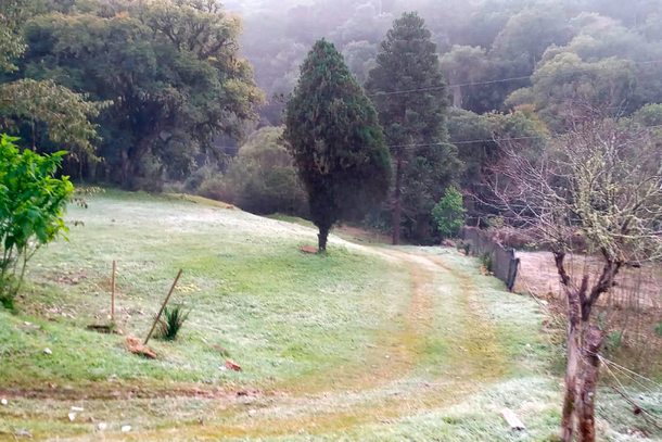 Geada registrada na manh&atilde; desta quinta-feira (18) no interior Porto Uni&atilde;o. 