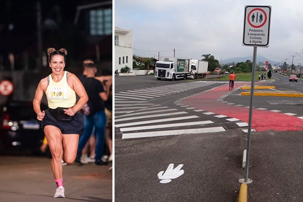 Vera Ribas durante atividade f&iacute;sica e vista geral da ciclovia de Porto Uni&atilde;o; escritora relatou ter sido seguida enquanto utilizava o espa&ccedil;o.