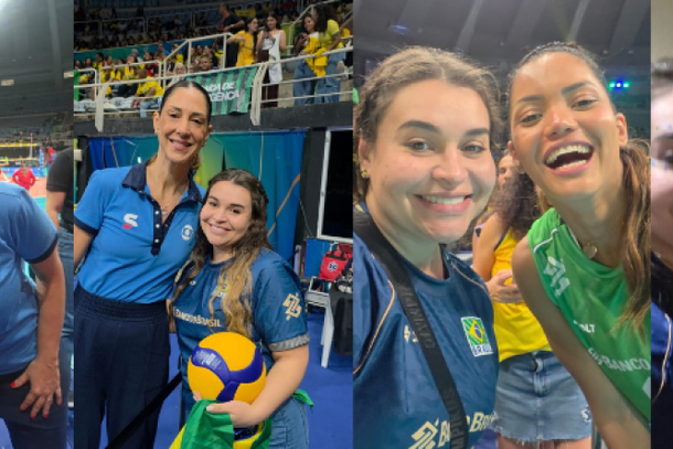 De um cartaz a um sonho realizado: Bruna vive dia de rep&oacute;rter com estrelas do v&ocirc;lei