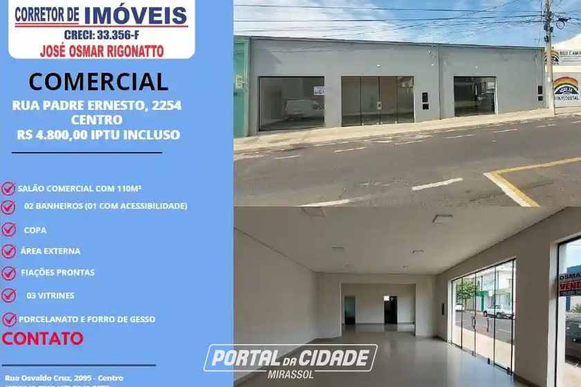 Sal&atilde;o Comercial para alugar - 110m&sup2; - Centro